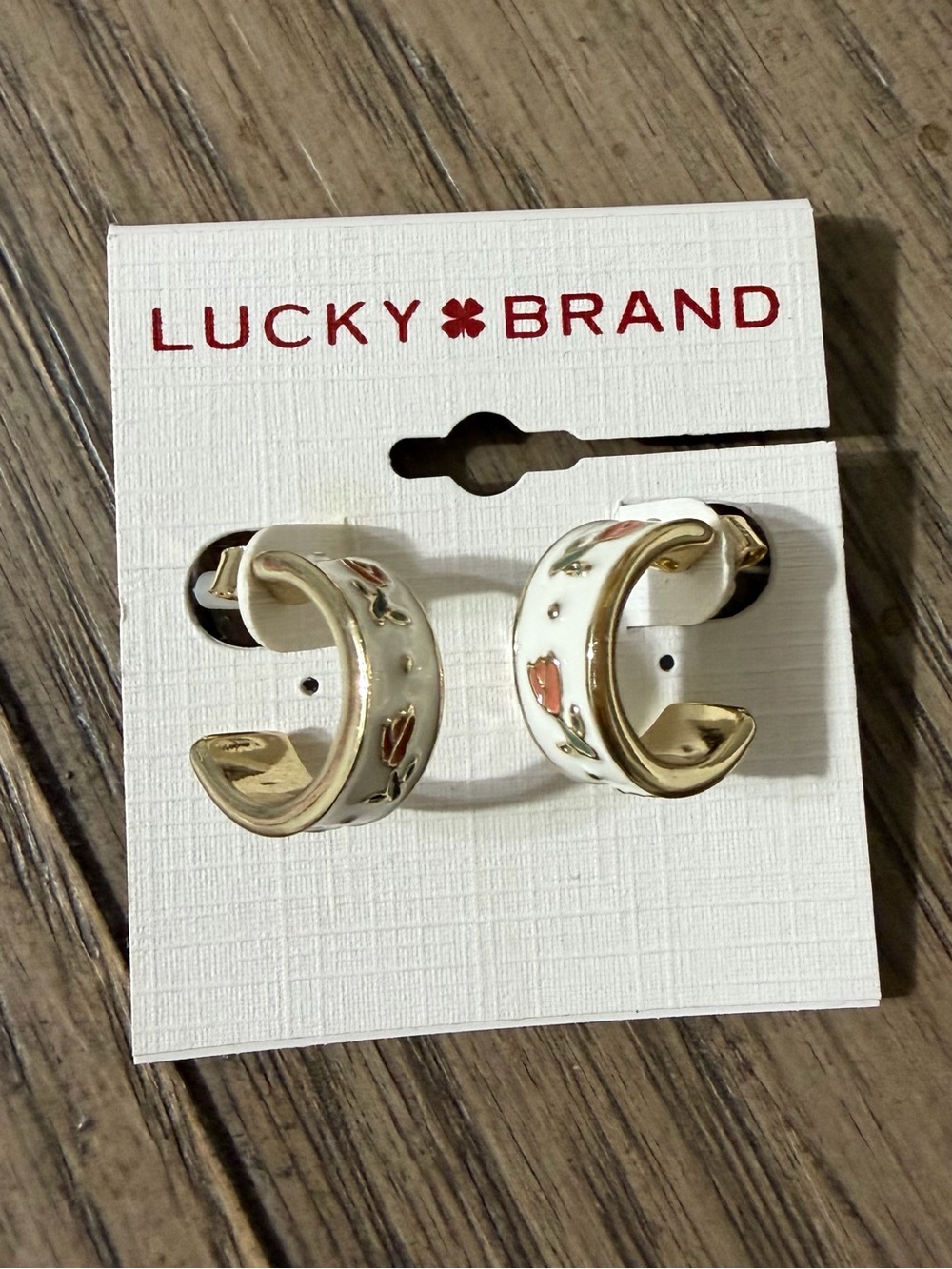 Lucky Brand White Enamel & Gold Hoop Earrings with Floral Accents